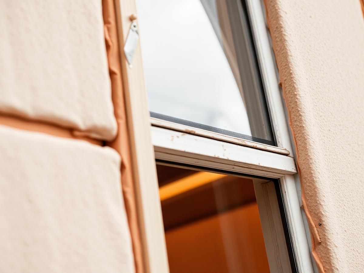 Detailaufnahme einer Fassadendämmung an einem Fenster