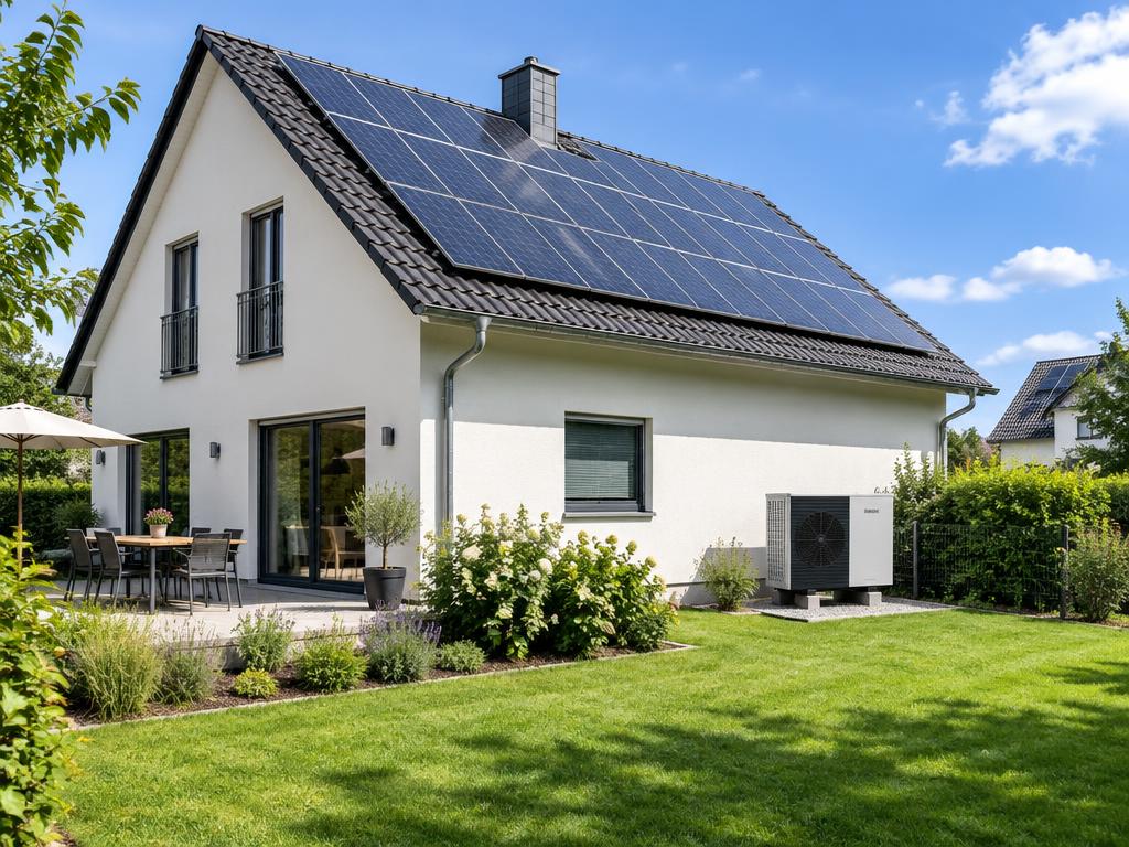 Deutsches Einfamilienhaus mit Photovoltaik und Wärmepumpe