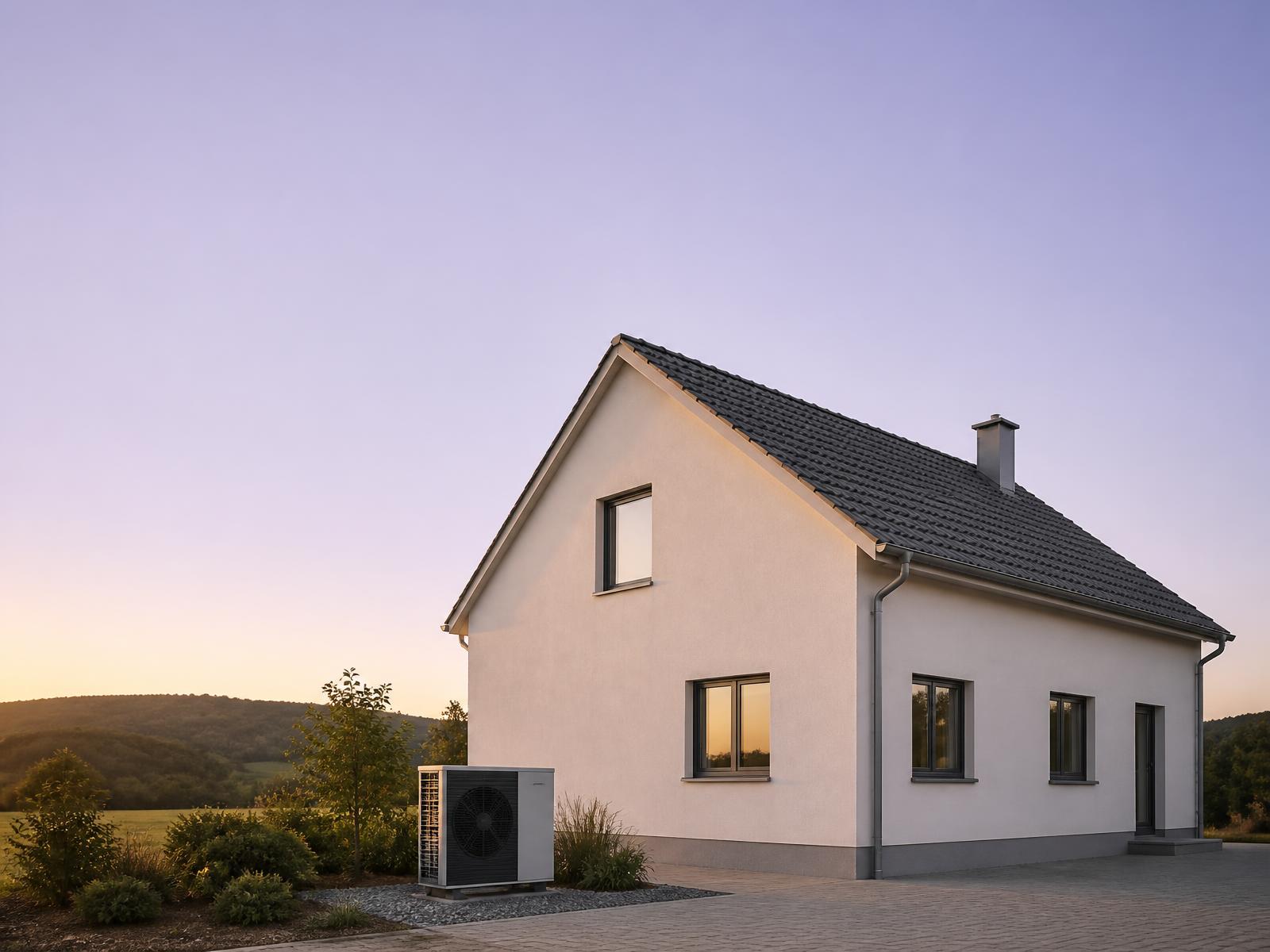 Saniertes Einfamilienhaus mit Wärmepumpe im Abendlicht