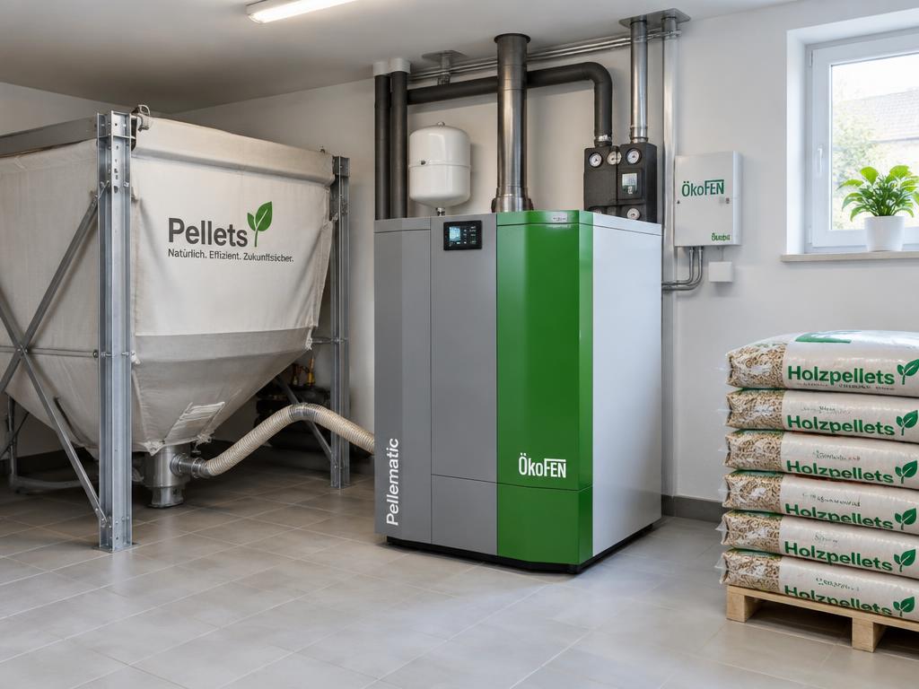 Pelletheizung in einem deutschen Heizungsraum